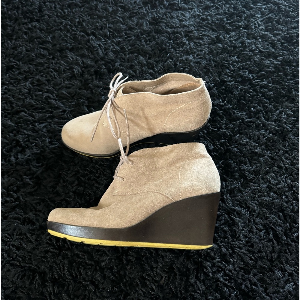 Cole Haan Beige Suede Wedge Ankle Booties with Black Wedge